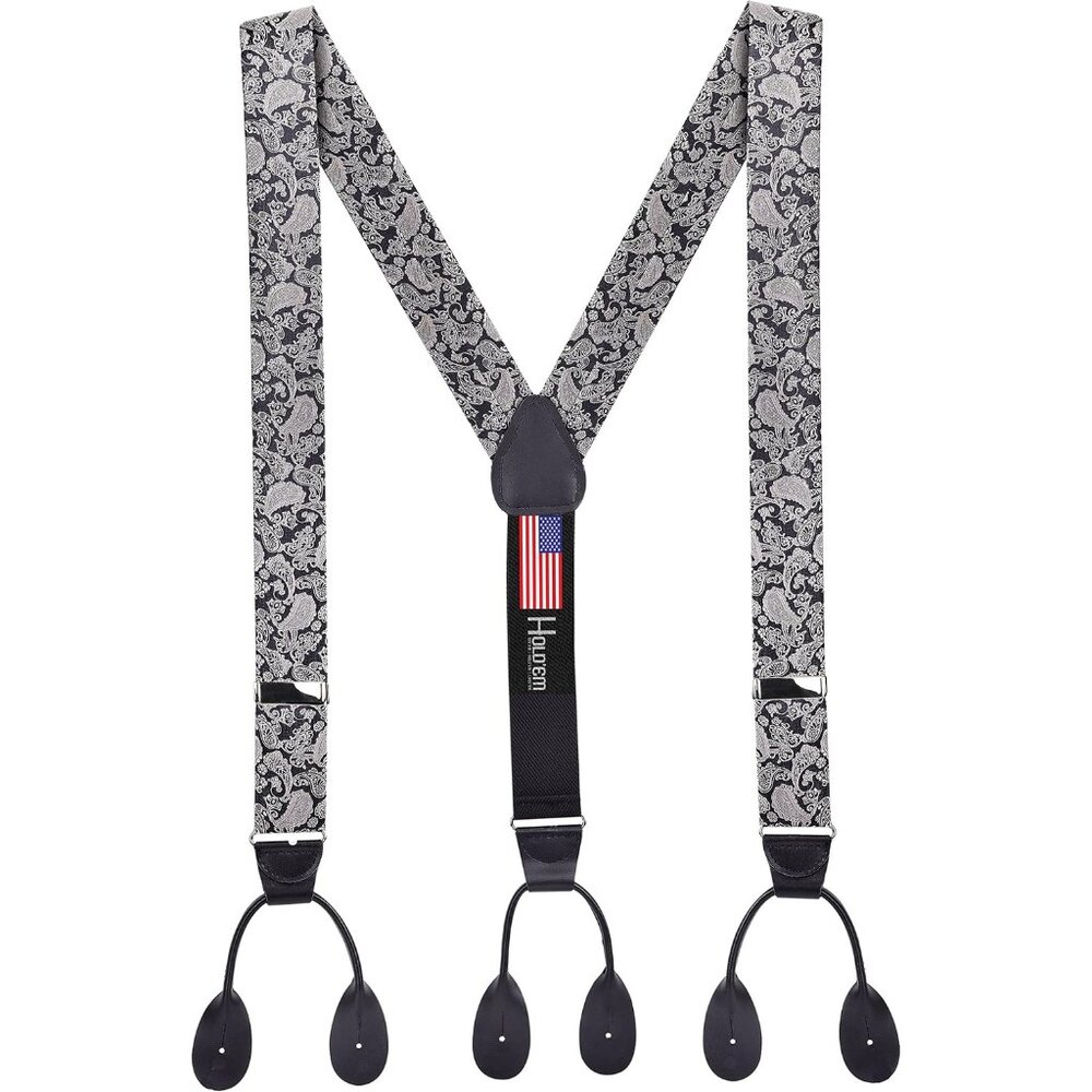 HOLD'EM 100% Silk Suspenders For Men Y-Back Button End – Black/Silver Paisley